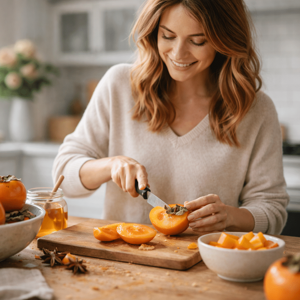 Femme qui prépare des kakis